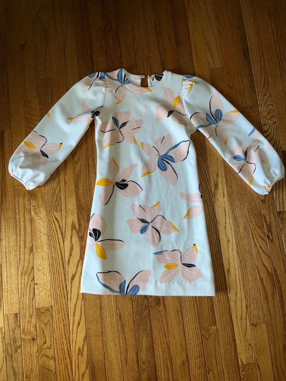 Floral Long-Sleeve Mini Dress in White and Pastel